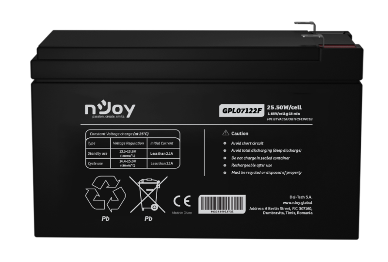 Acumulator nJoy GPL07122F 12V 22.72W/cell, Capacitate 22.72W/cell evaluat la 1,65V/cell@15 - imagine 5