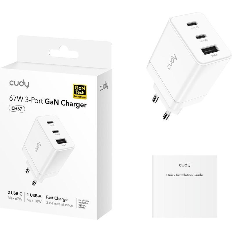 Incarcator retea CUDY CH67, 67W, 3 porturi, alb