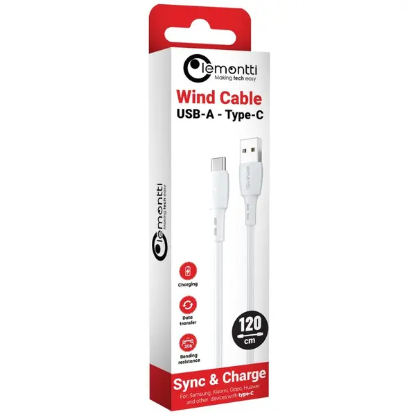Cablu Lemontti Wind Fast Charge, USB A/ USB C, 1.2m, - imagine 2