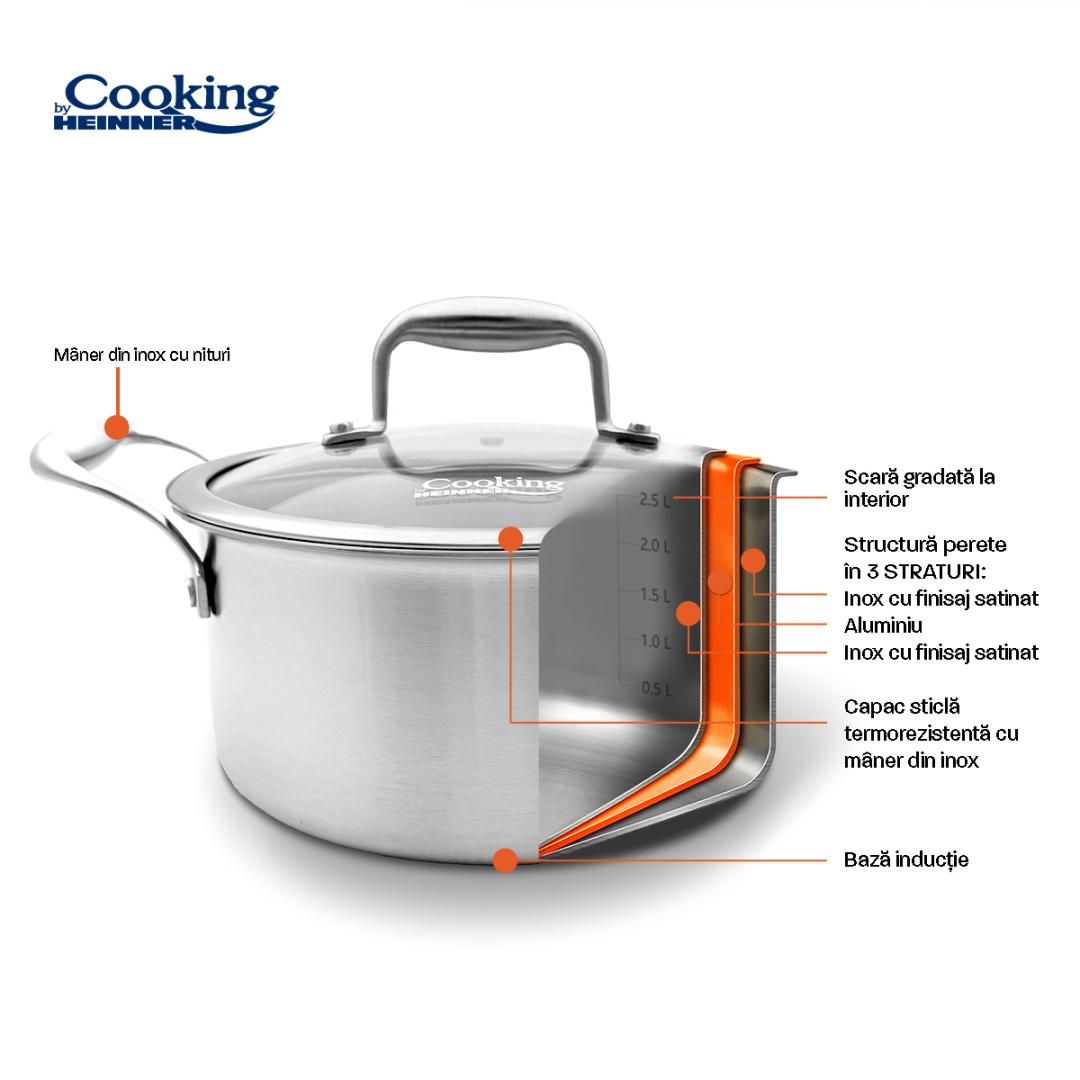 SEMIOALA INOX+CAPAC STICLA 20x10CM, 2.8L, ATOMIC3, COOKING BY HEINNER - imagine 8